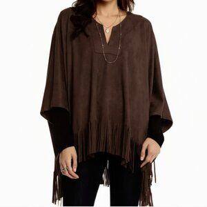 Joseph Ribkoff Faux Suede Fringe Poncho Size S/M Chocolate Western Boho Top‎ NEW